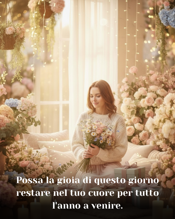 Possa la gioia di questo giorno restare nel tuo cuore per tutto l'anno a venire