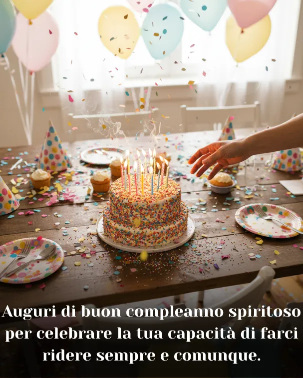 Auguri di buon compleanno spiritoso per celebrare la tua capacità di farci ridere sempre e comunque