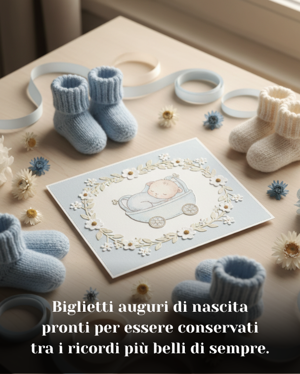 Biglietti auguri di nascita pronti per essere conservati tra i ricordi più belli di sempre