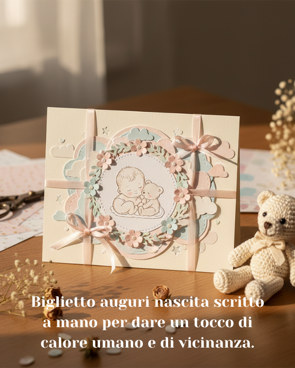 Biglietto auguri nascita scritto a mano per dare un tocco di calore umano e di vicinanza