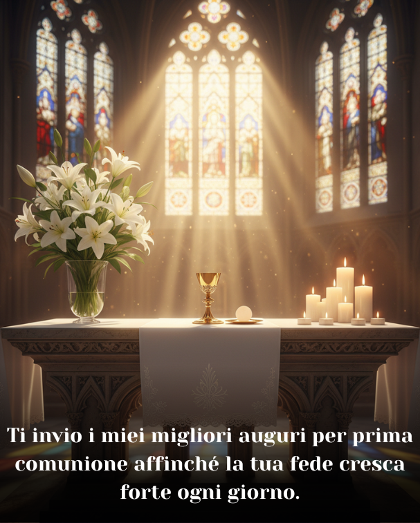 Ti invio i miei migliori auguri per prima comunione affinché la tua fede cresca forte ogni giorno