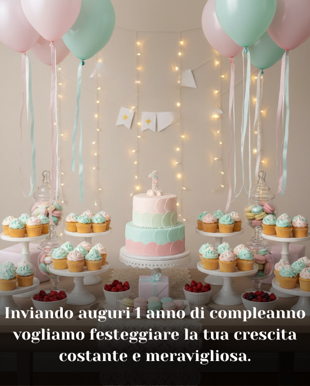 Inviando auguri 1 anno di compleanno vogliamo festeggiare la tua crescita costante e meravigliosa