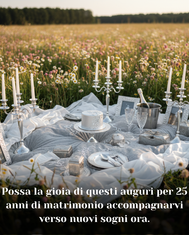Possa la gioia di questi auguri per 25 anni di matrimonio accompagnarvi verso nuovi sogni ora