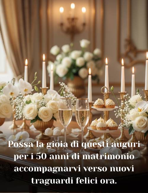 Possa la gioia di questi auguri per i 50 anni di matrimonio accompagnarvi verso nuovi traguardi felici ora. 