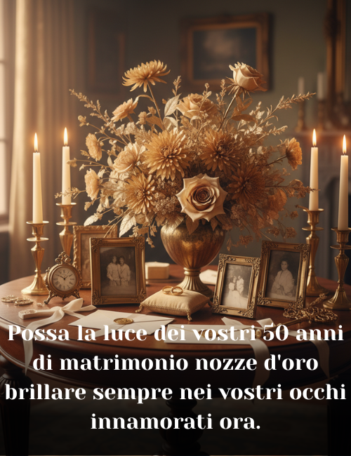Possa la luce dei vostri 50 anni di matrimonio nozze d'oro brillare sempre nei vostri occhi innamorati ora