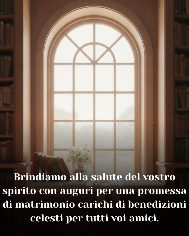 Brindiamo alla salute del vostro spirito con auguri per una promessa di matrimonio carichi di benedizioni celesti per tutti voi amici.