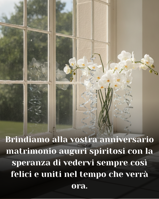 Brindiamo alla vostra anniversario matrimonio auguri spiritosi con la speranza di vedervi sempre così felici e uniti nel tempo che verrà ora.