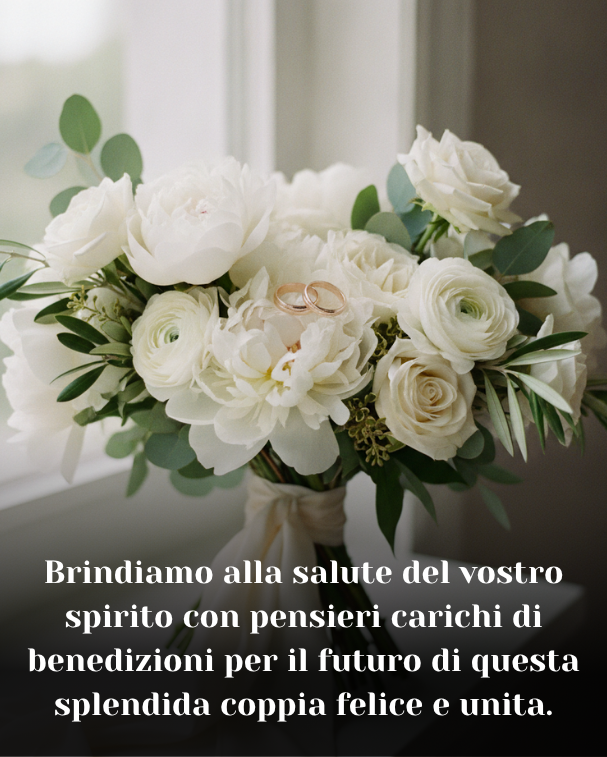 Brindiamo alla salute del vostro spirito con pensieri carichi di benedizioni per il futuro di questa splendida coppia felice e unita.