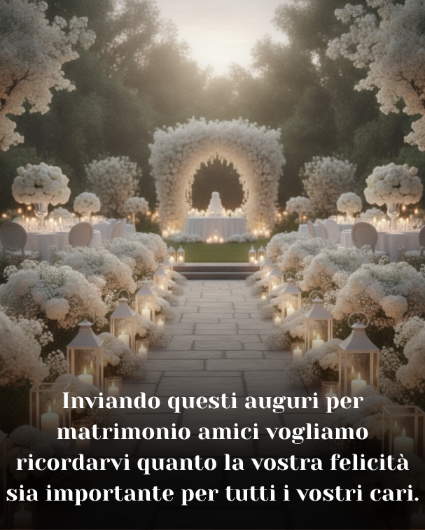 Inviando questi auguri per matrimonio amici vogliamo ricordarvi quanto la vostra felicità sia importante per tutti i vostri cari.