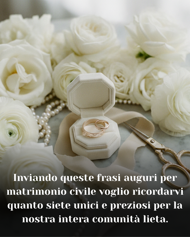 Inviando queste frasi auguri per matrimonio civile voglio ricordarvi quanto siete unici e preziosi per la nostra intera comunità lieta.