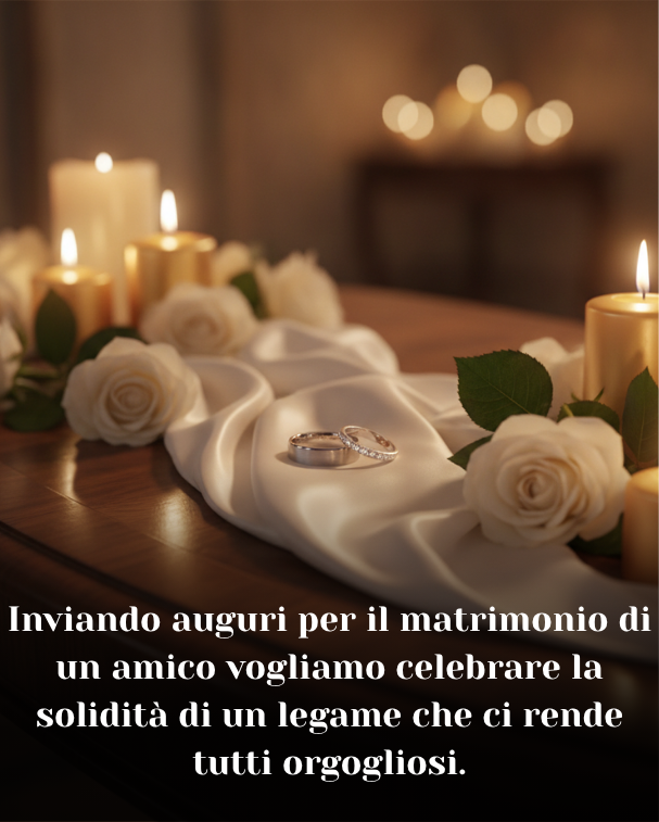 Inviando auguri per il matrimonio di un amico vogliamo celebrare la solidità di un legame che ci rende tutti orgogliosi.