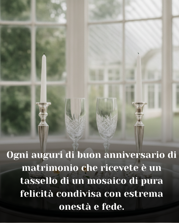 Ogni auguri di buon anniversario di matrimonio che ricevete è un tassello di un mosaico di pura felicità condivisa con estrema onestà e fede.