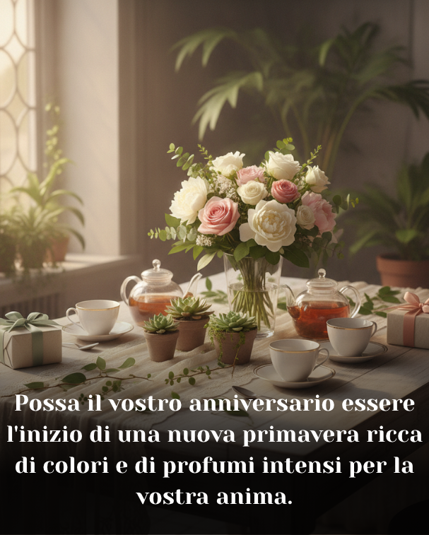 Possa il vostro anniversario essere l'inizio di una nuova primavera ricca di colori e di profumi intensi per la vostra anima.