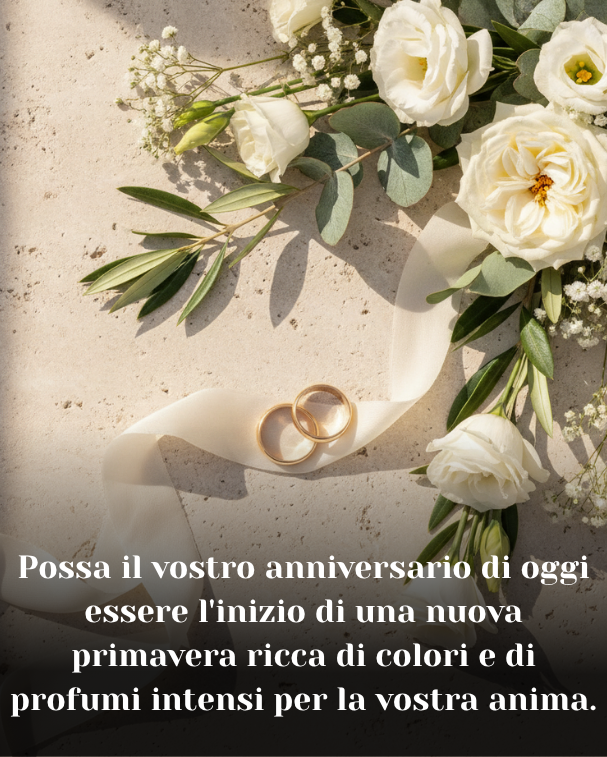 Possa il vostro anniversario di oggi essere l'inizio di una nuova primavera ricca di colori e di profumi intensi per la vostra anima.