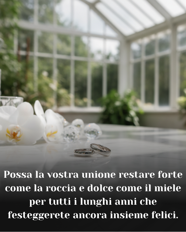 Possa la vostra unione restare forte come la roccia e dolce come il miele per tutti i lunghi anni che festeggerete ancora insieme felici.