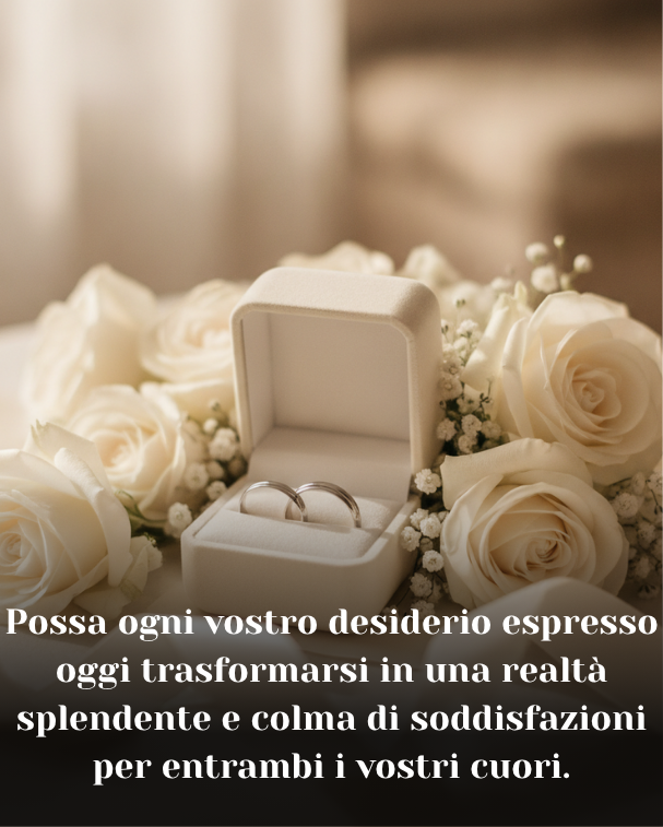 Possa ogni vostro desiderio espresso oggi trasformarsi in una realtà splendente e colma di soddisfazioni per entrambi i vostri cuori.