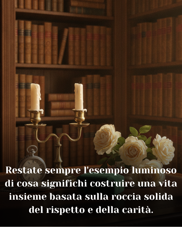 Restate sempre l'esempio luminoso di cosa significhi costruire una vita insieme basata sulla roccia solida del rispetto e della carità.