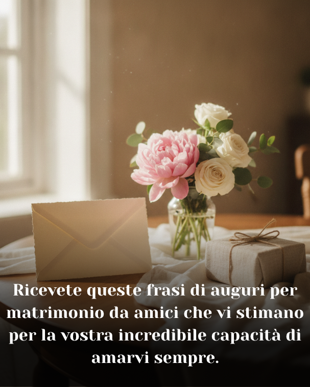 Ricevete queste frasi di auguri per matrimonio da amici che vi stimano per la vostra incredibile capacità di amarvi sempre.