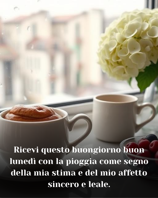 Ricevi questo buongiorno buon lunedì con la pioggia come segno della mia stima e del mio affetto sincero e leale.