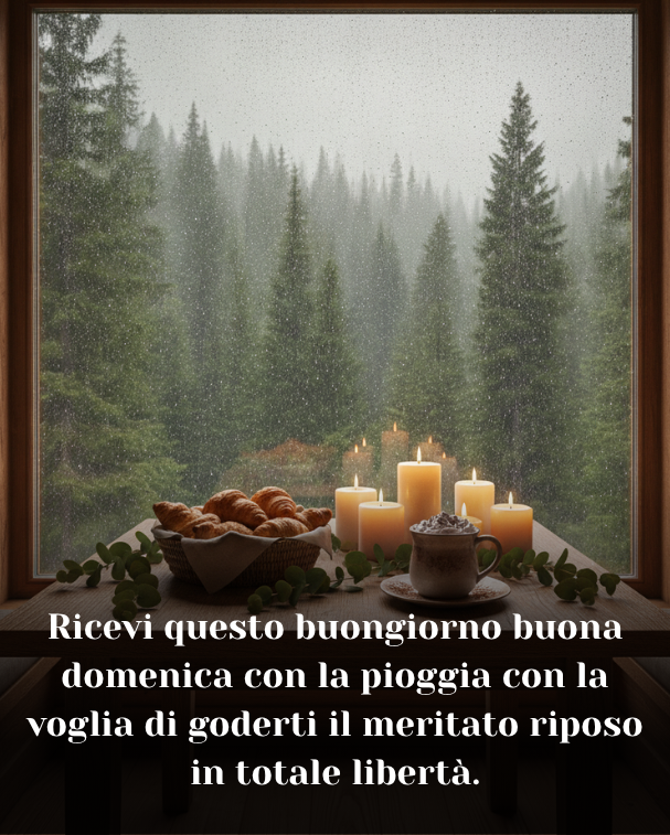 Ricevi questo buongiorno buona domenica con la pioggia con la voglia di goderti il meritato riposo in totale libertà.