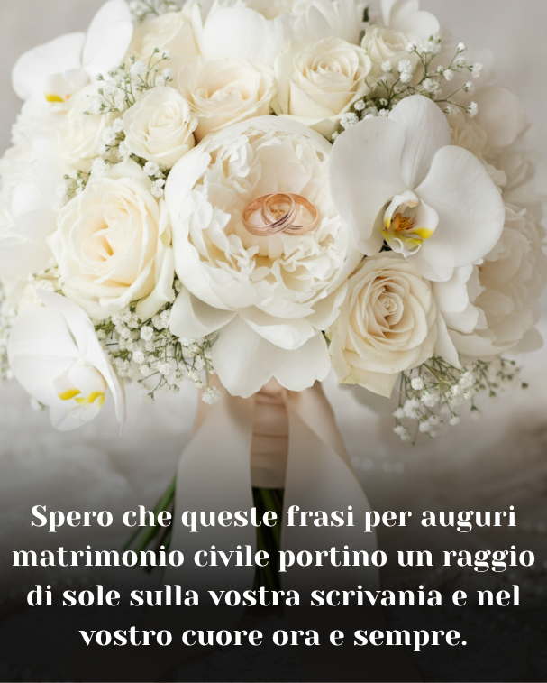Spero che queste frasi per auguri matrimonio civile portino un raggio di sole sulla vostra scrivania e nel vostro cuore ora e sempre.