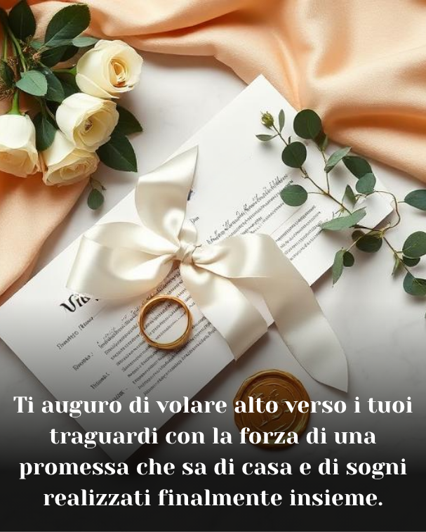 Ti auguro di volare alto verso i tuoi traguardi con la forza di una promessa che sa di casa e di sogni realizzati finalmente insieme.