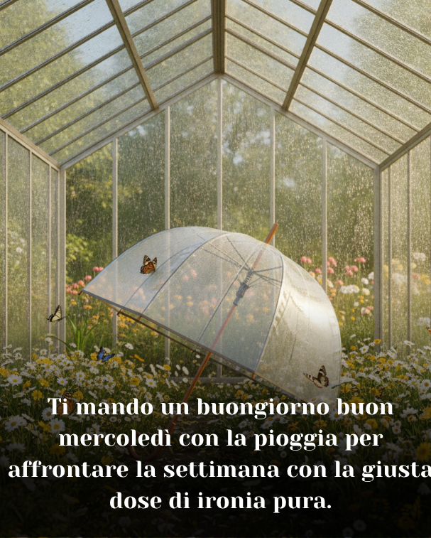 Ti mando un buongiorno buon mercoledì con la pioggia per affrontare la settimana con la giusta dose di ironia pura.