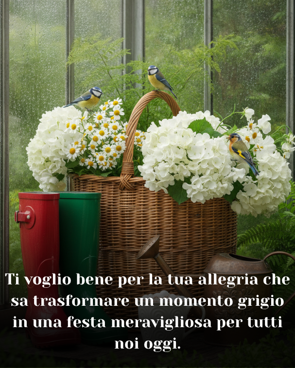 Ti voglio bene per la tua allegria che sa trasformare un momento grigio in una festa meravigliosa per tutti noi oggi.