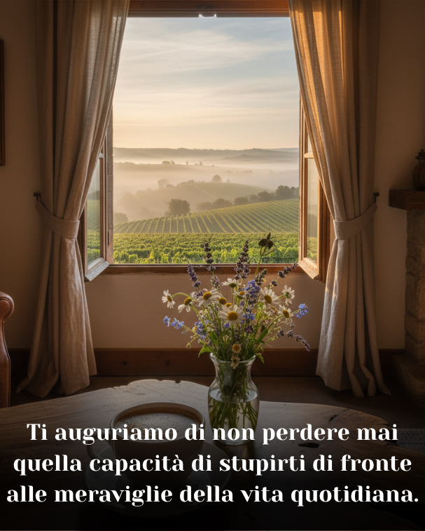 Ti auguriamo di non perdere mai quella capacità di stupirti di fronte alle meraviglie della vita quotidiana