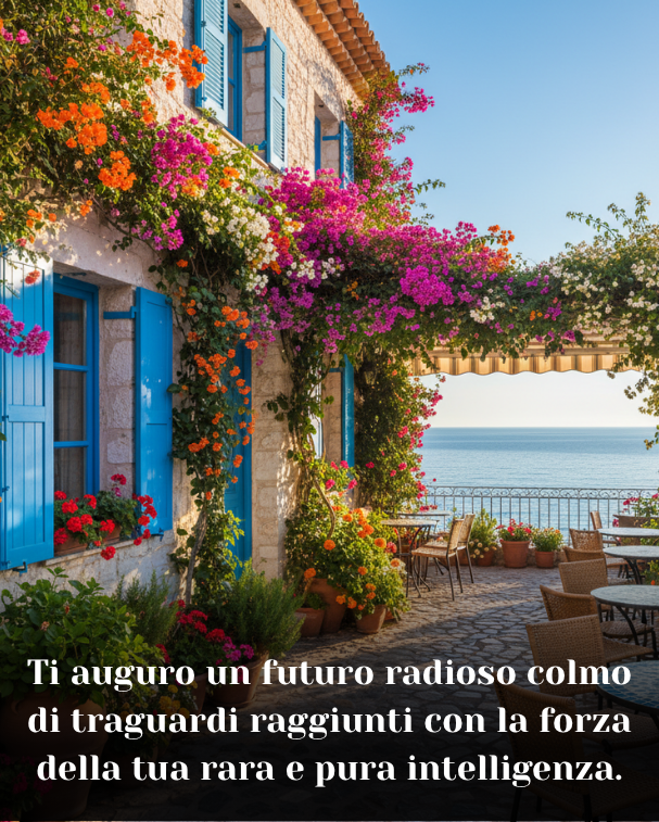 Ti auguro un futuro radioso colmo di traguardi raggiunti con la forza della tua rara e pura intelligenza