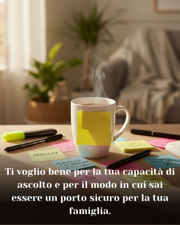 Ti voglio bene per la tua capacità di ascolto e per il modo in cui sai essere un porto sicuro per la tua famiglia