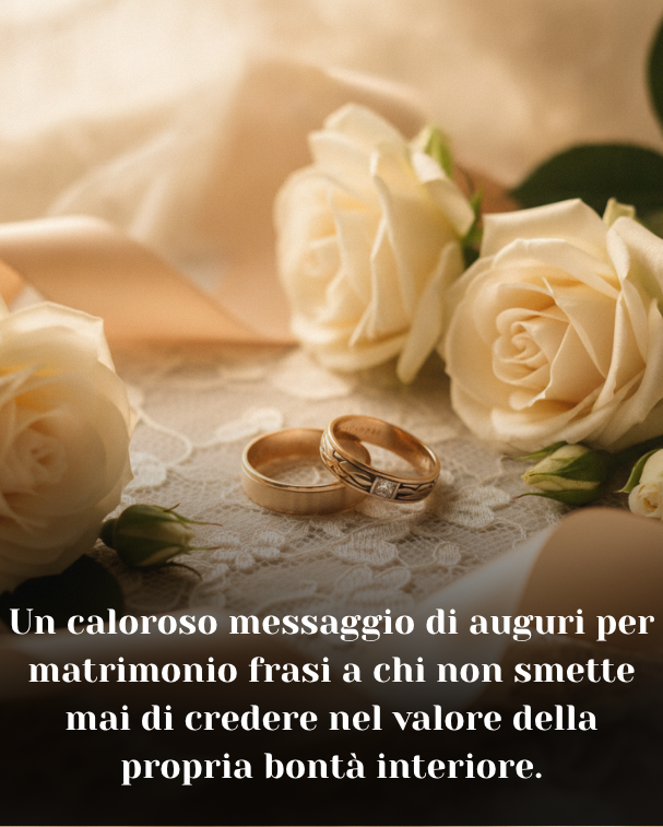 Un caloroso messaggio di auguri per matrimonio frasi a chi non smette mai di credere nel valore della propria bontà interiore.
