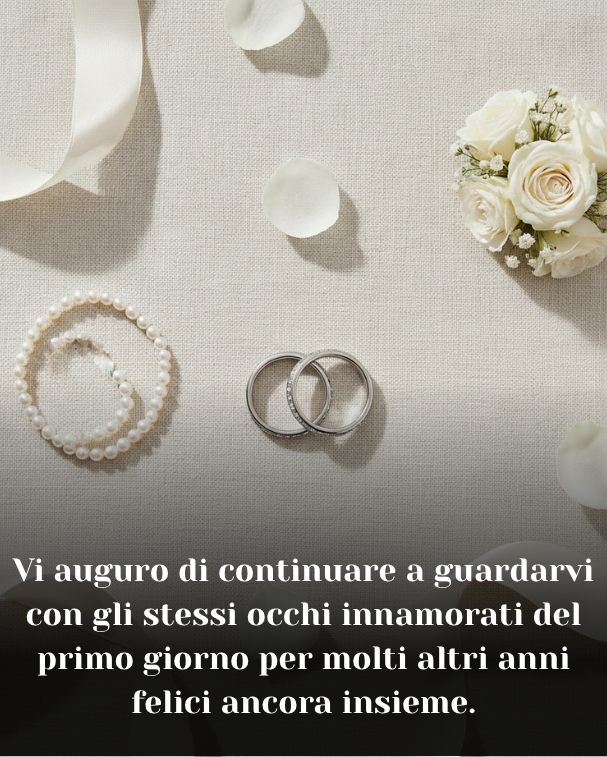 Vi auguro di continuare a guardarvi con gli stessi occhi innamorati del primo giorno per molti altri anni felici ancora insieme.