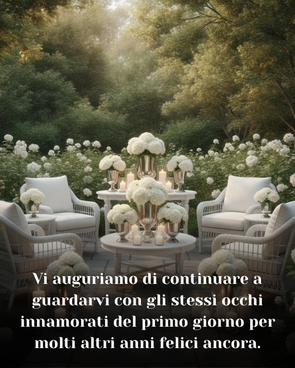 Vi auguriamo di continuare a guardarvi con gli stessi occhi innamorati del primo giorno per molti altri anni felici ancora.