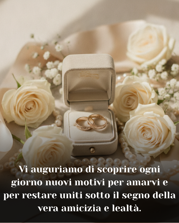 Vi auguriamo di scoprire ogni giorno nuovi motivi per amarvi e per restare uniti sotto il segno della vera amicizia e lealtà.