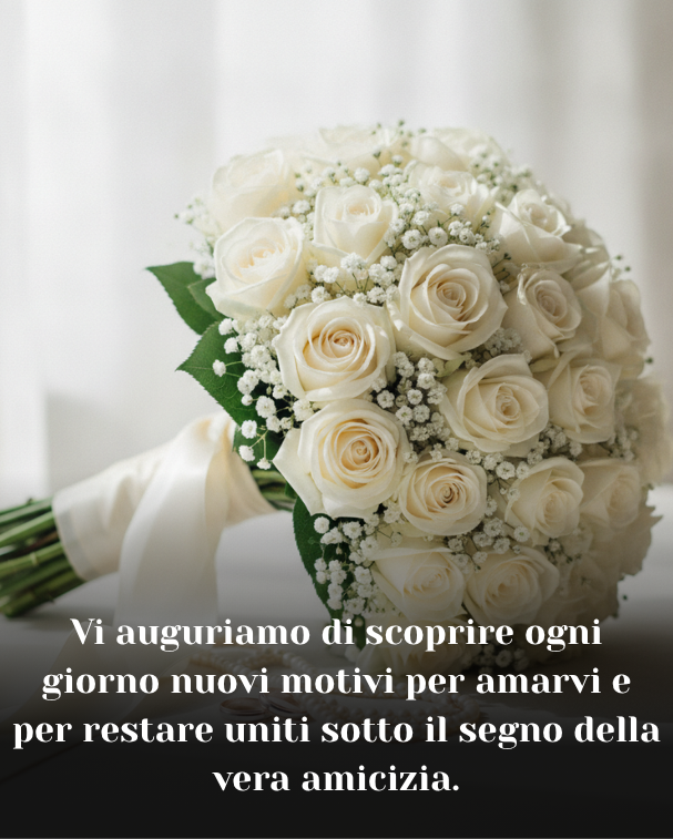 Vi auguriamo di scoprire ogni giorno nuovi motivi per amarvi e per restare uniti sotto il segno della vera amicizia.