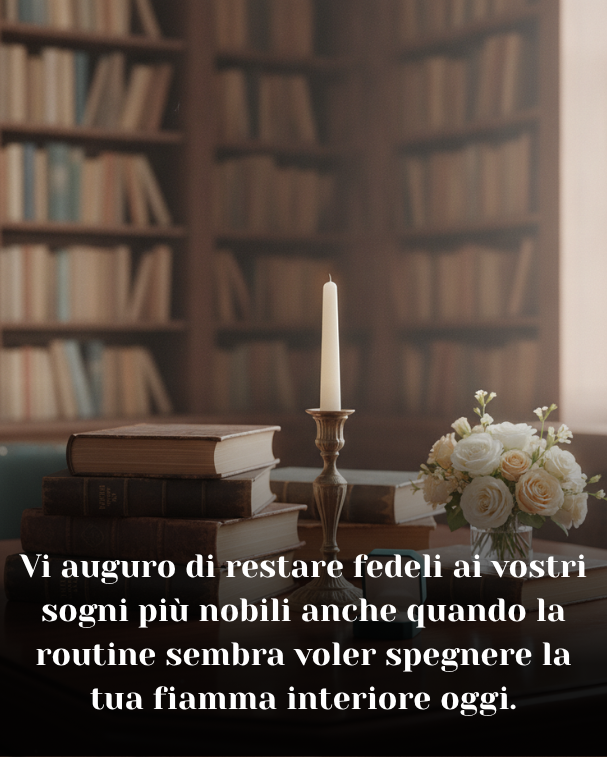 Vi auguro di restare fedeli ai vostri sogni più nobili anche quando la routine sembra voler spegnere la tua fiamma interiore oggi.