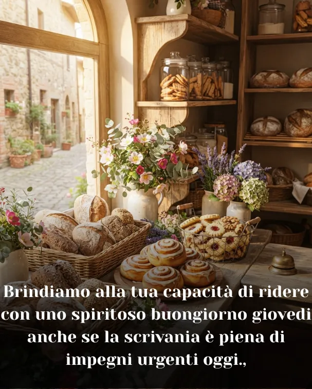 Brindiamo alla tua capacità di ridere con uno spiritoso buongiorno giovedi anche se la scrivania è piena di impegni urgenti oggi.,