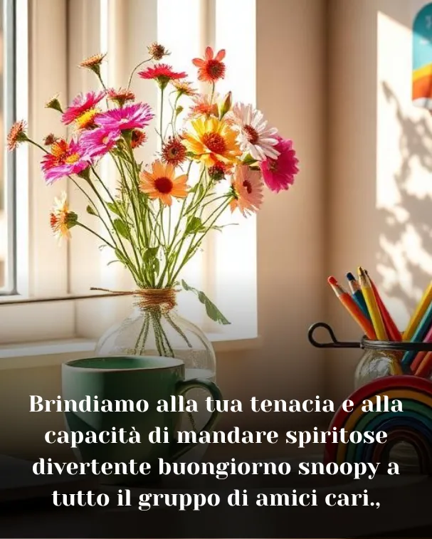 Brindiamo alla tua tenacia e alla capacità di mandare spiritose divertente buongiorno snoopy a tutto il gruppo di amici cari.,