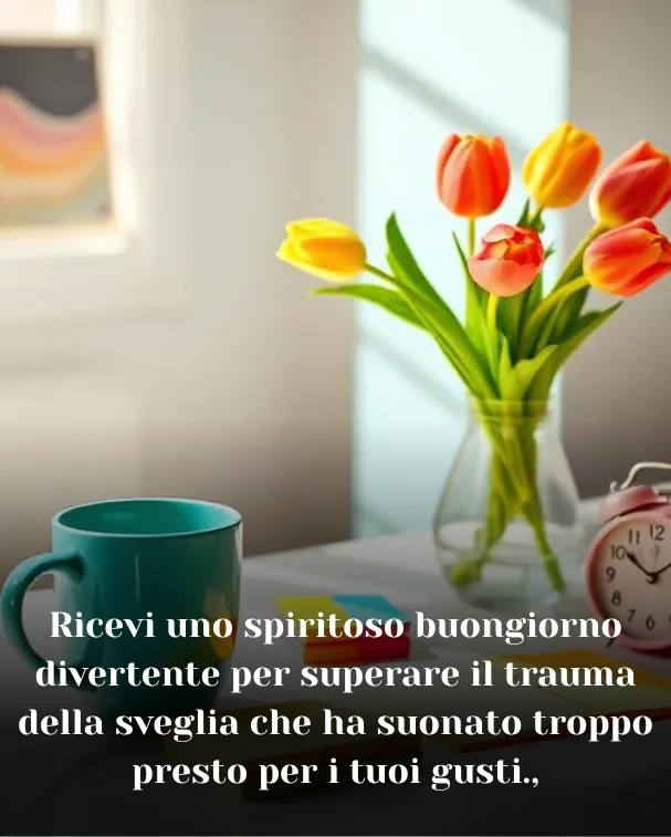 Ricevi uno spiritoso buongiorno divertente per superare il trauma della sveglia che ha suonato troppo presto per i tuoi gusti.,
